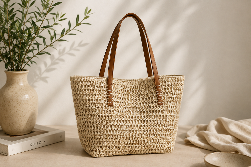 Lined Straw Tote Bag