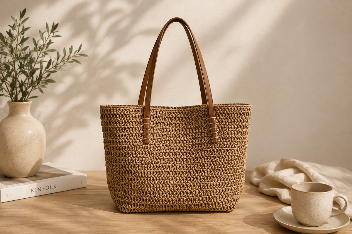 Lined Straw Tote Bag