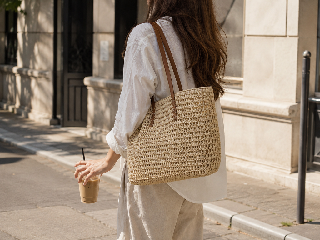 Lined Straw Tote Bag