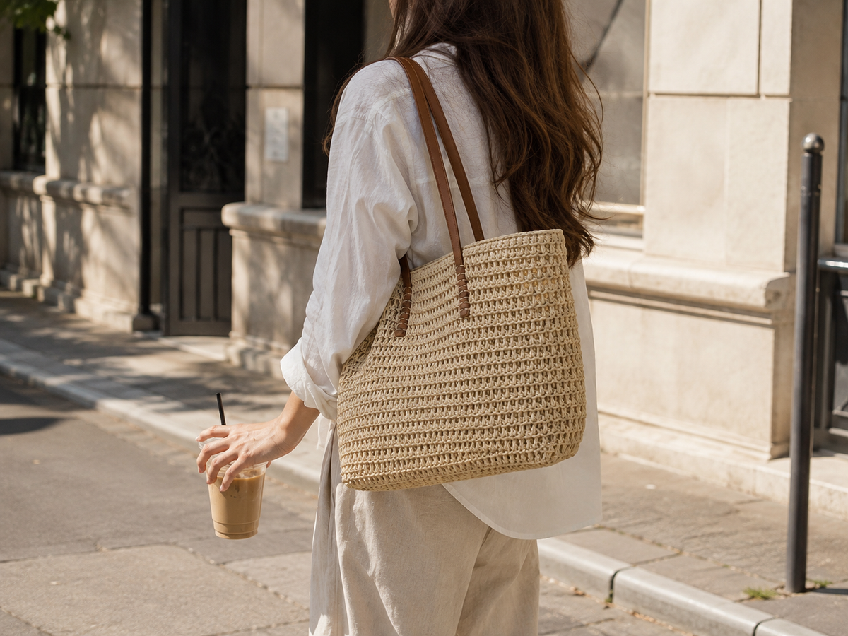 Lined Straw Tote Bag