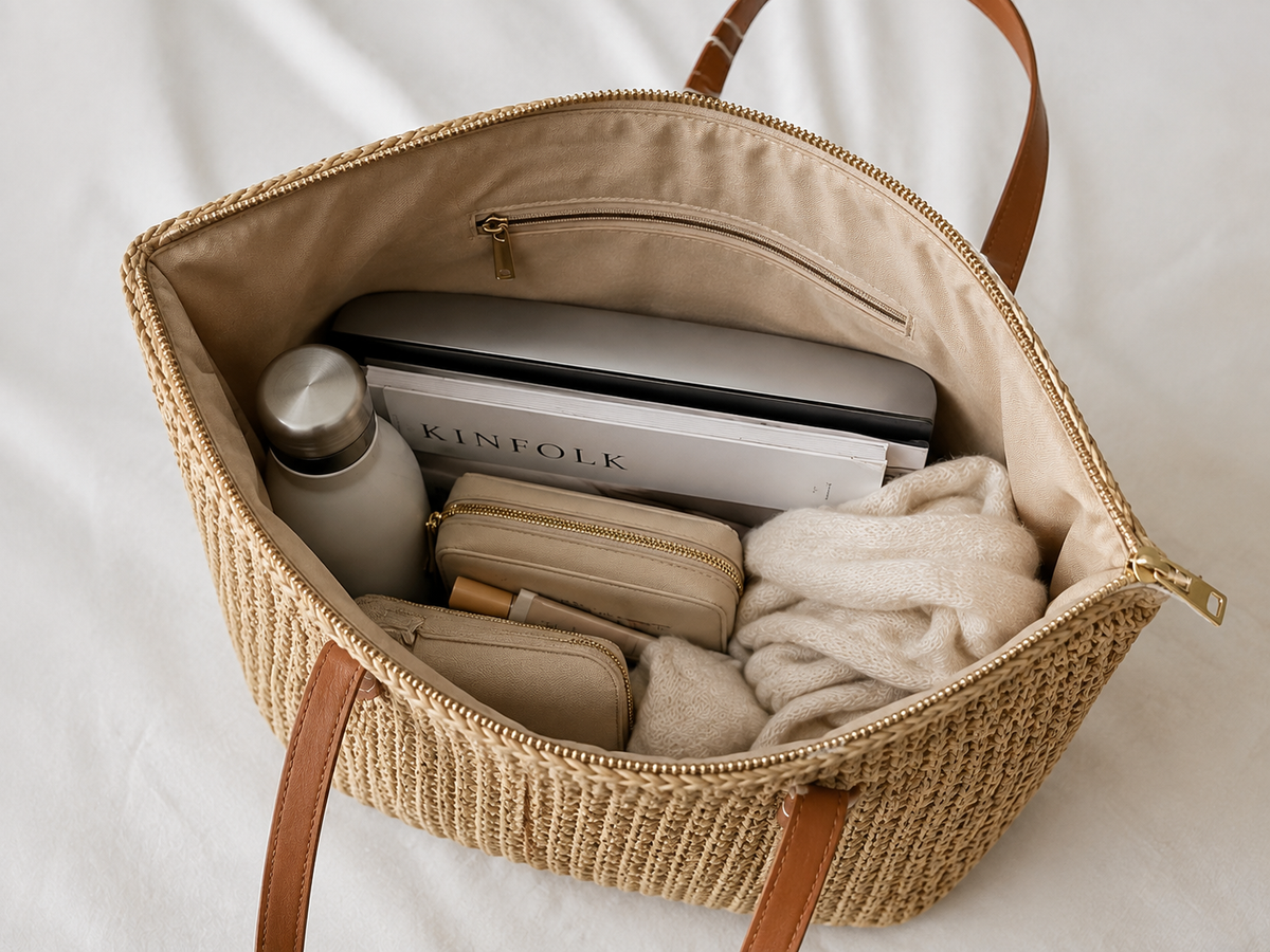 Lined Straw Tote Bag